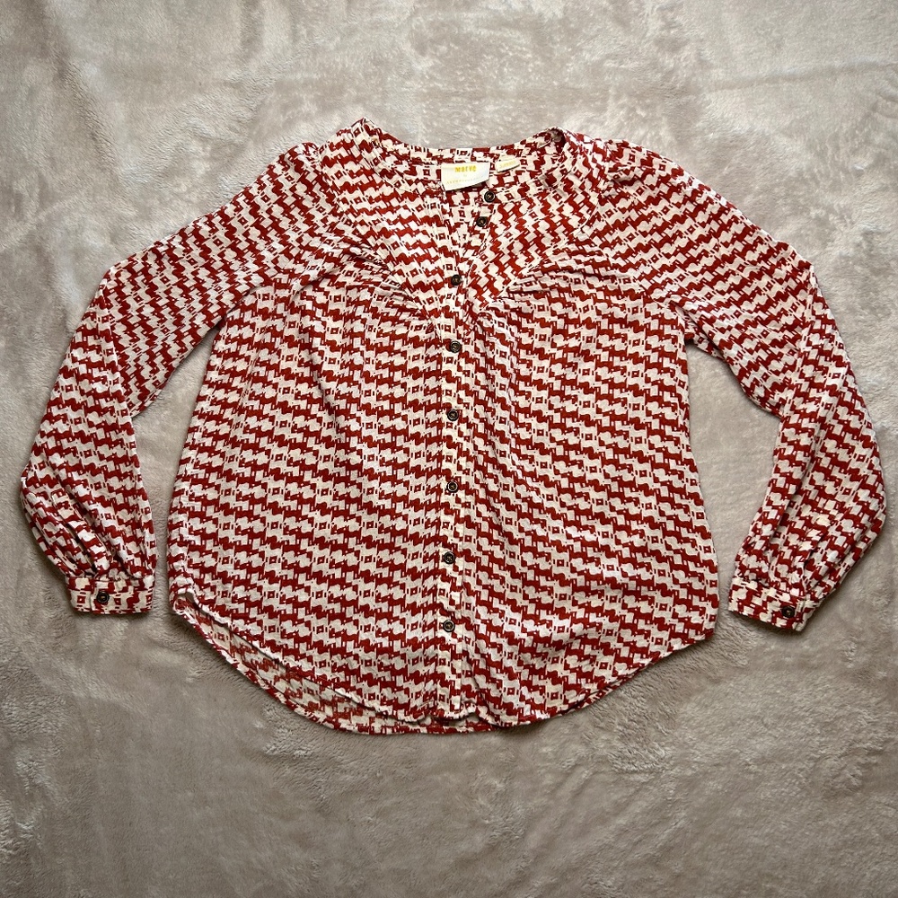 Maeve Anthropologie Avignon‎ Top Womens XS Long Sleeve Dog Print Button Boho